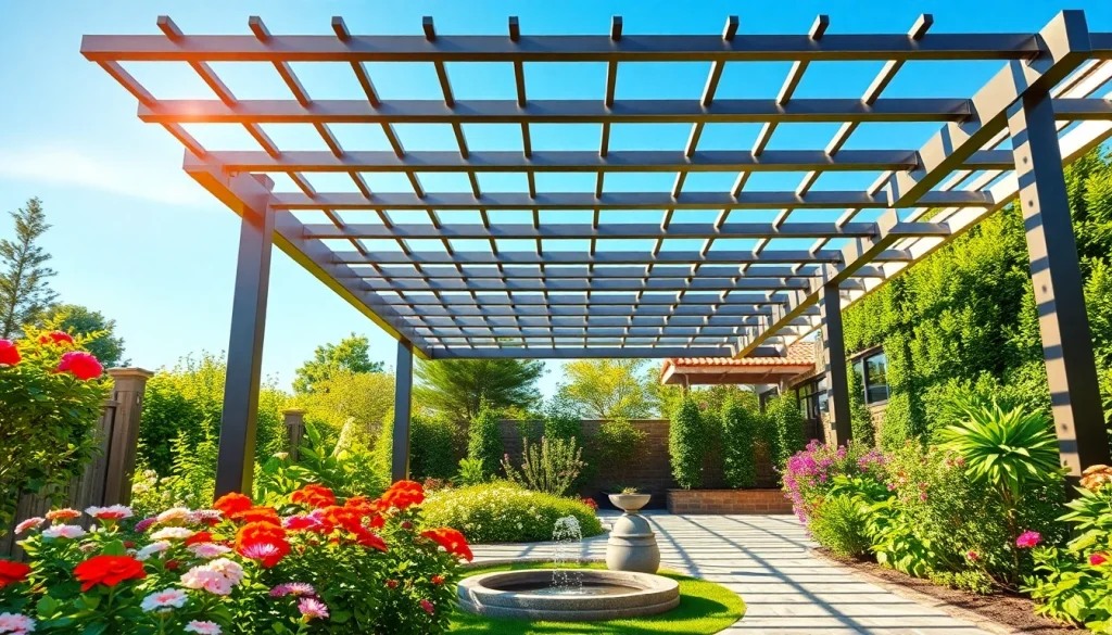 Experience a modern steel pergola enhancing a vibrant garden setting with natural elements.