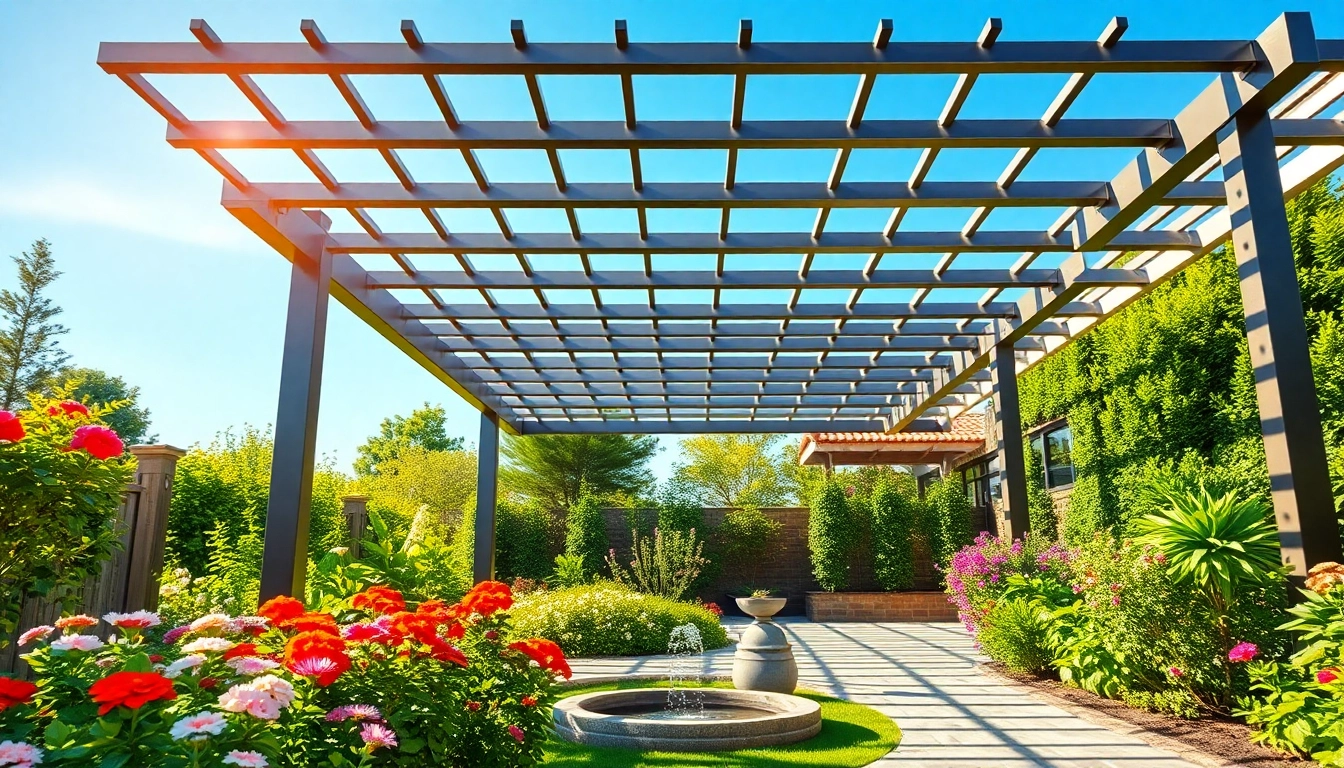 Experience a modern steel pergola enhancing a vibrant garden setting with natural elements.