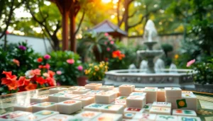 Mainkan permainan mahjong dengan latar belakang taman tradisional yang indah.