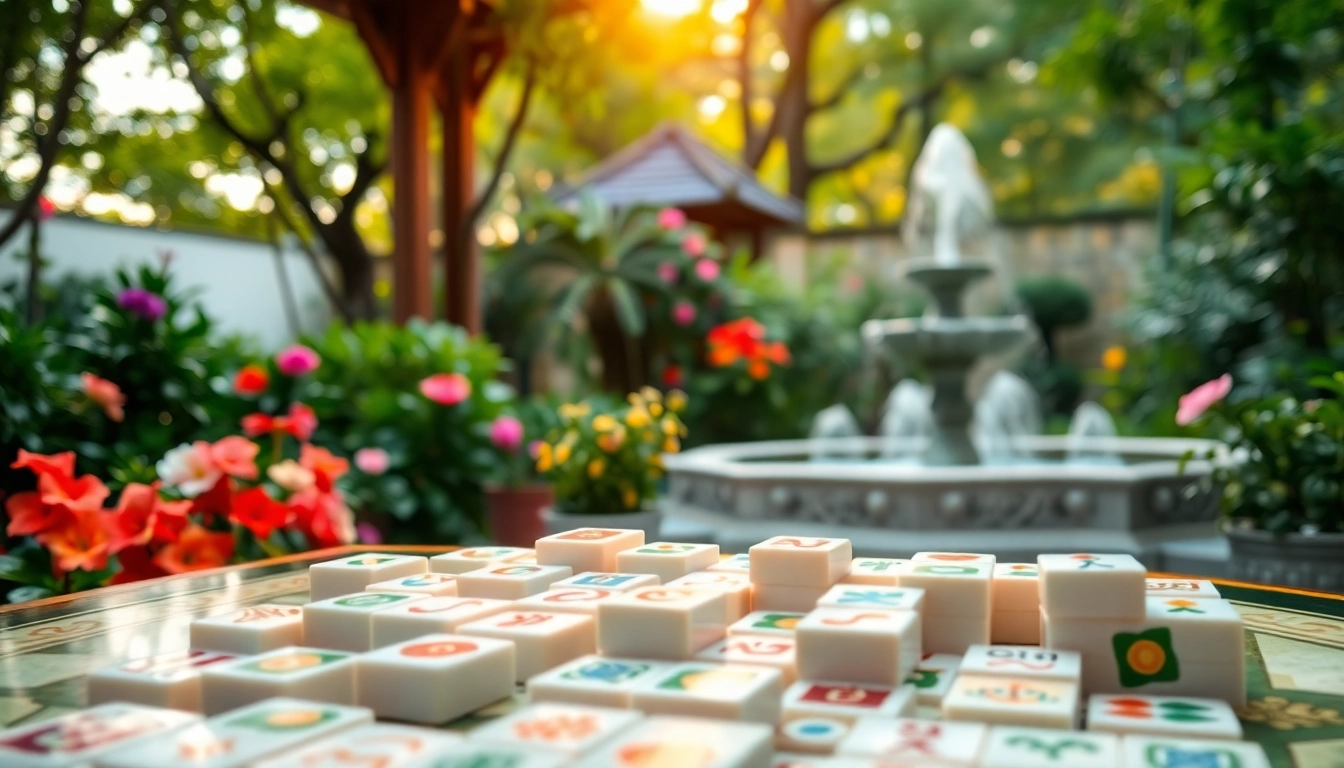 Mainkan permainan mahjong dengan latar belakang taman tradisional yang indah.