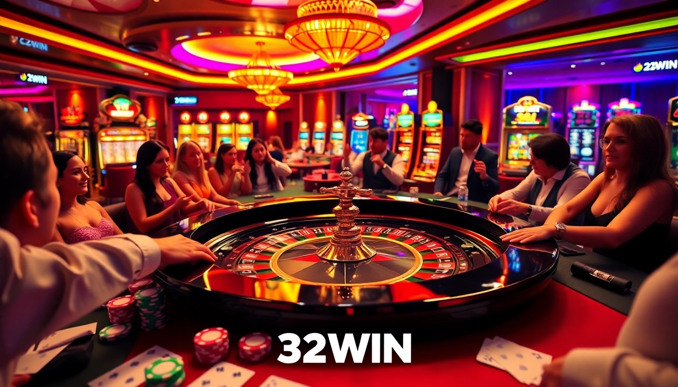 Players engaged in excitement at 32WIN's luxurious roulette table in a vibrant casino atmosphere.