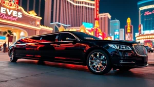 Experience luxury with a premium limousine service in Las Vegas, parked outside a vibrant hotel.
