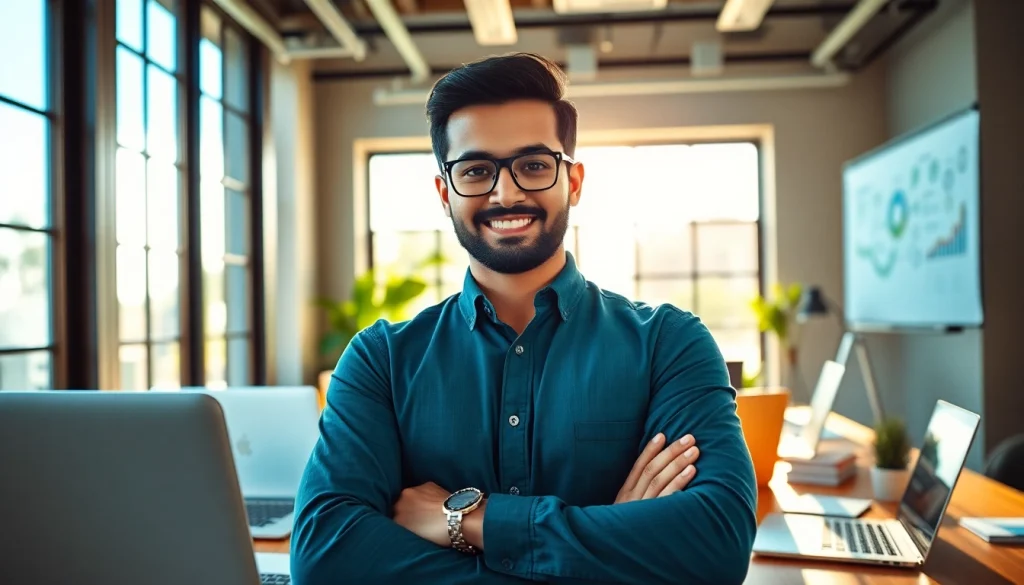 Kolkata entreprenure confidently networking in a modern office environment.