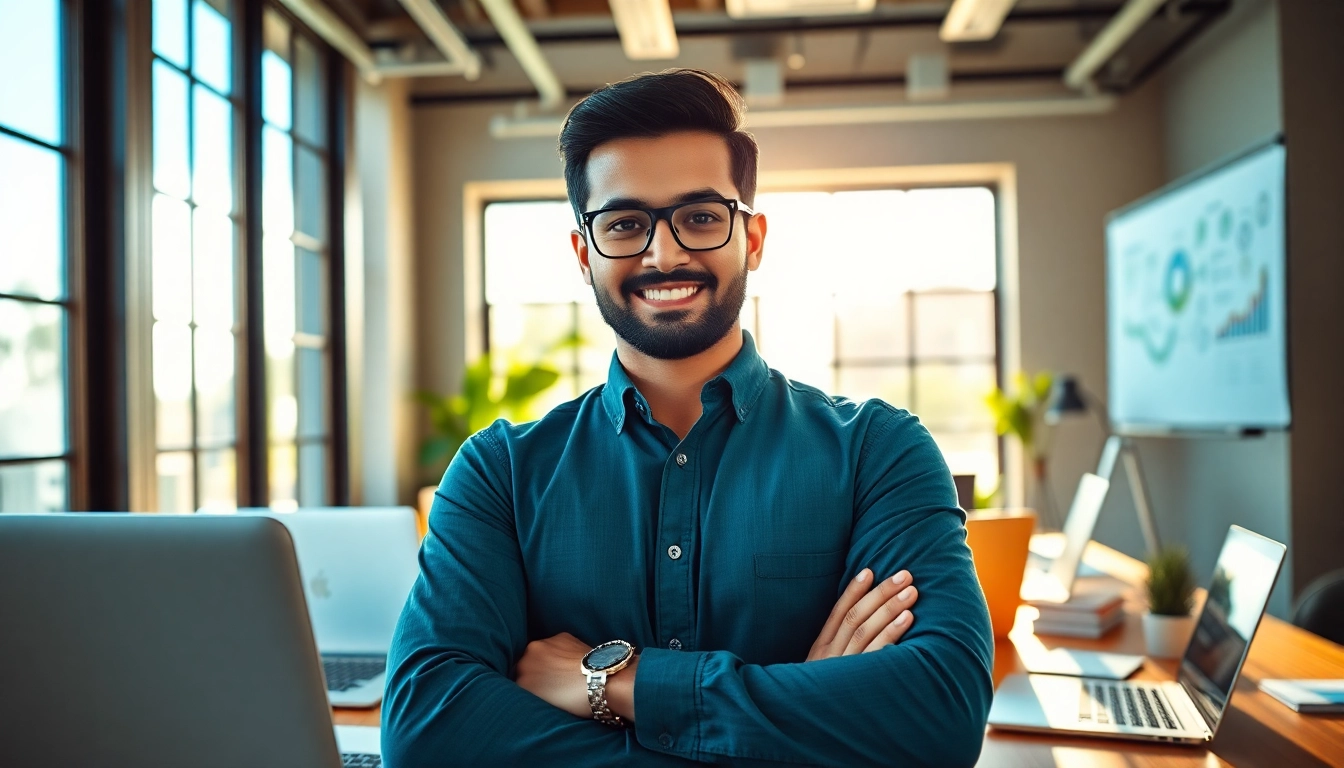 Kolkata entreprenure confidently networking in a modern office environment.