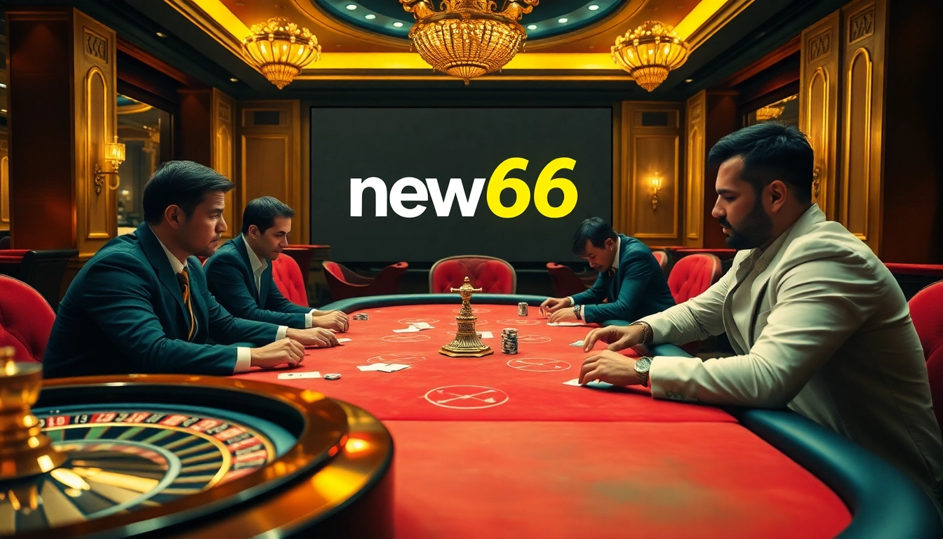 Players enjoying a poker game at new66 casino with vibrant atmosphere and professional setup.