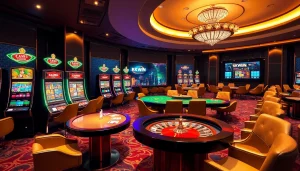 Experience excitement at https://kkwin.diy/ with a vibrant casino scene featuring luxurious slot machines and poker tables.