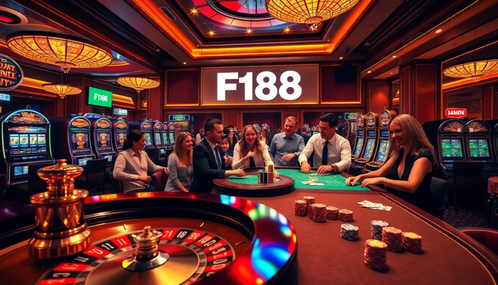F168 casino scene showcasing luxurious gambling activities like poker and roulette.