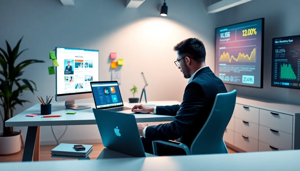 Professional office scene illustrating website design with a focus on user-friendly development and SEO.