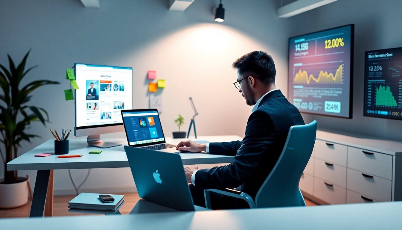 Professional office scene illustrating website design with a focus on user-friendly development and SEO.