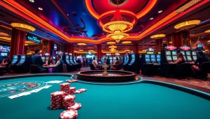 Engaged players enjoying a thrilling casino experience at 789BET, featuring poker tables and slot machines.