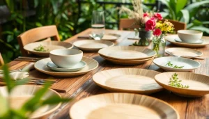 Arrange compostable plates beautifully on a rustic table setup for an eco-friendly dining experience.