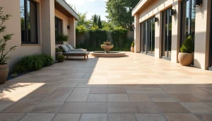 Beau carrelage extérieur sur une terrasse extérieure élégante, baignée par la lumière naturelle.
