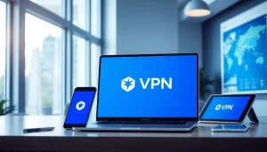 快连VPN interface displayed on a laptop in a bright workspace showcasing security and connectivity.