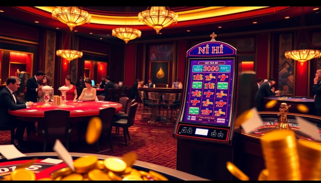 Nổ Hũ players enjoying a thrilling jackpot at a luxurious casino.