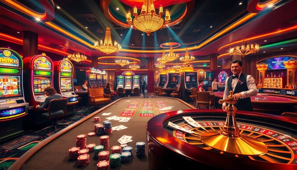 Engaging scene illustrating the excitement of gambling at nhà cái 789p with poker tables and slot machines.