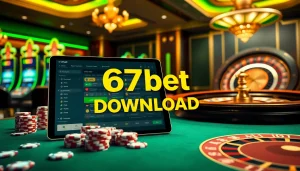 67bet Download option highlighted on a sleek tablet with vibrant casino elements.