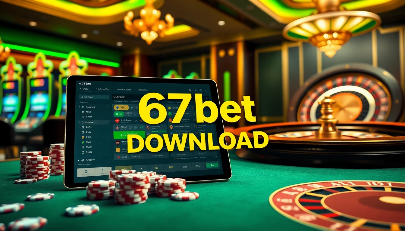 67bet Download option highlighted on a sleek tablet with vibrant casino elements.