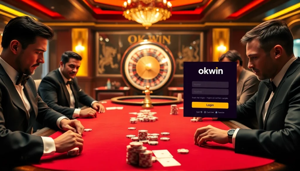 Okwin players engaging at a high-stakes poker table in a luxurious casino setting.