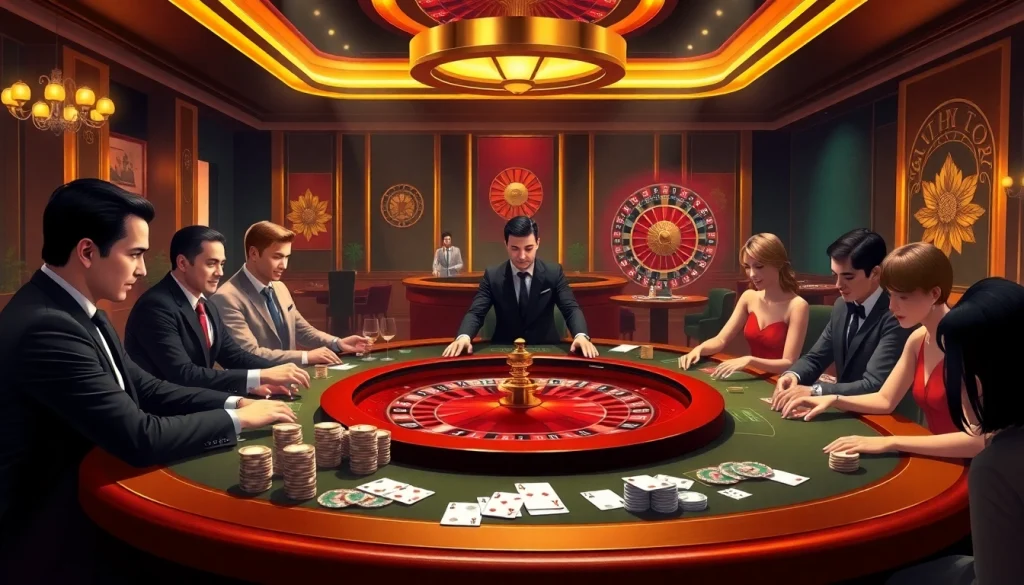 Experience the thrill of Nhà Cái 32WIN with players at a vibrant gaming table in an elegant casino setting.