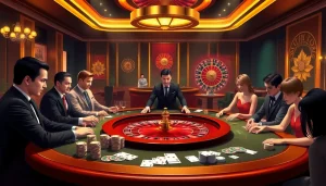 Experience the thrill of Nhà Cái 32WIN with players at a vibrant gaming table in an elegant casino setting.