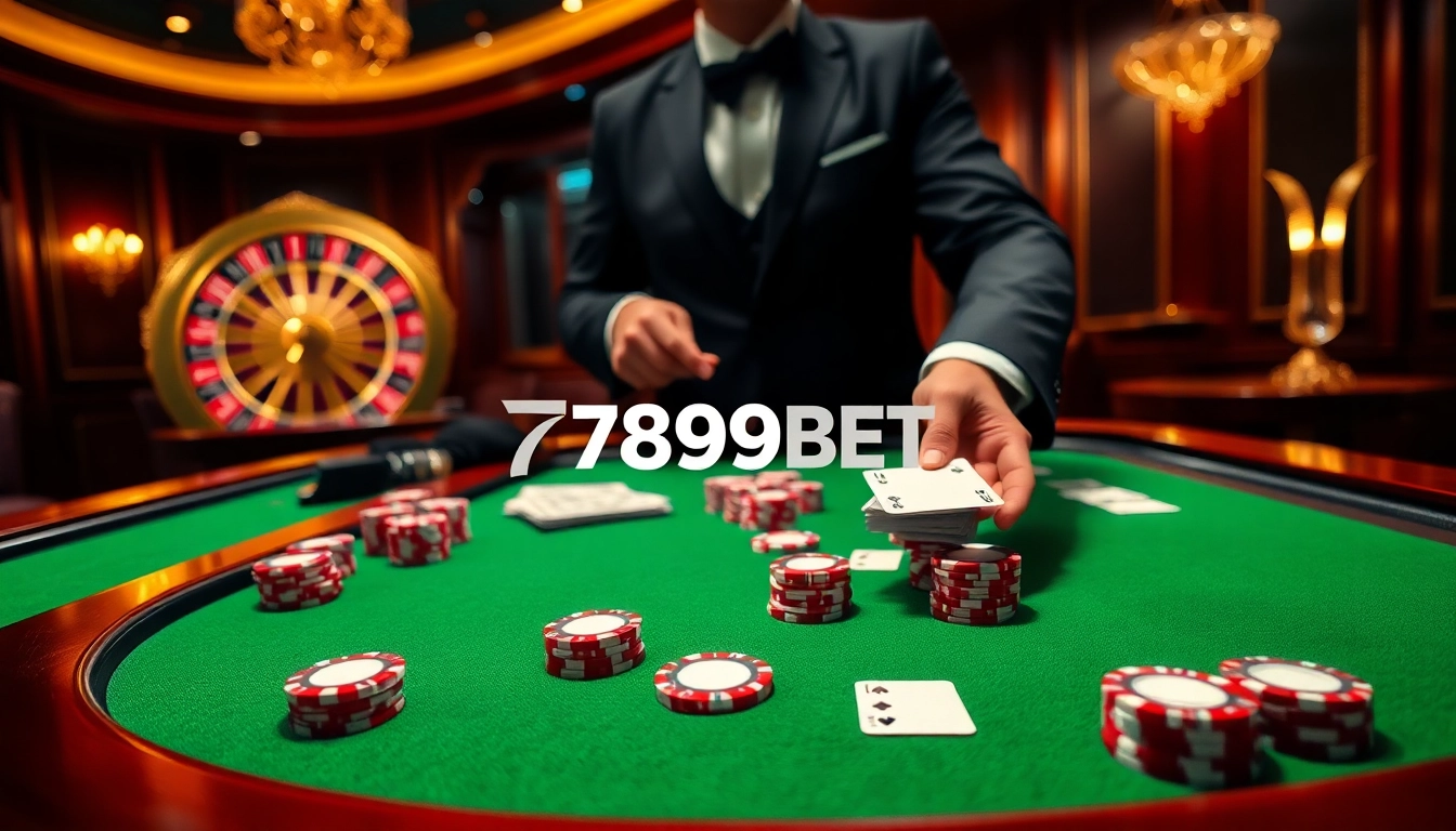 Experience the excitement of 789BET with a lively cash game table and roulette wheel, capturing the thrill of online gambling.