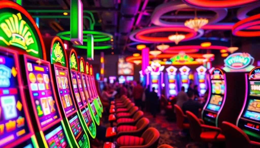 Menangkan yuyu4d slot dengan suasana kasino yang hidup dan mesin slot berwarna-warni.