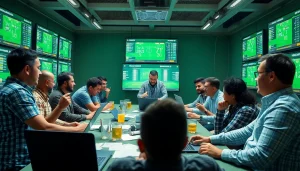 Taruhan judi bola yang intens di sekitar meja dengan taruhan dan pemain terlibat aktif.