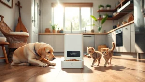 Busy pet enjoying food from WOPET automatic pet feeder in a cheerful kitchen setting.