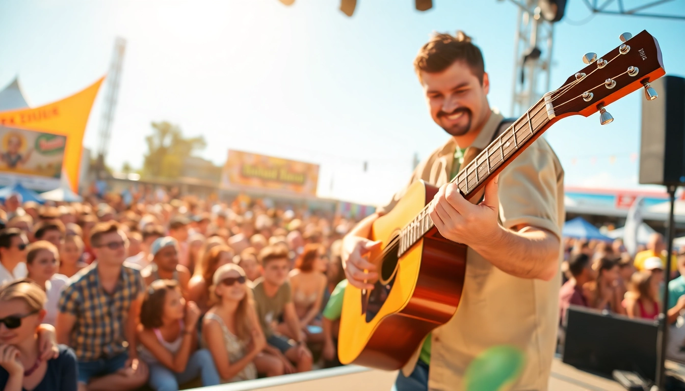 Play guitar with instruction at https://guitarlessons.co.uk, featuring a passionate musician performing outdoors.