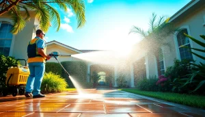 Pressure wash service revitalizing a home's exterior in Kissimmee, FL, emphasizing eco-friendly techniques and customer satisfaction.