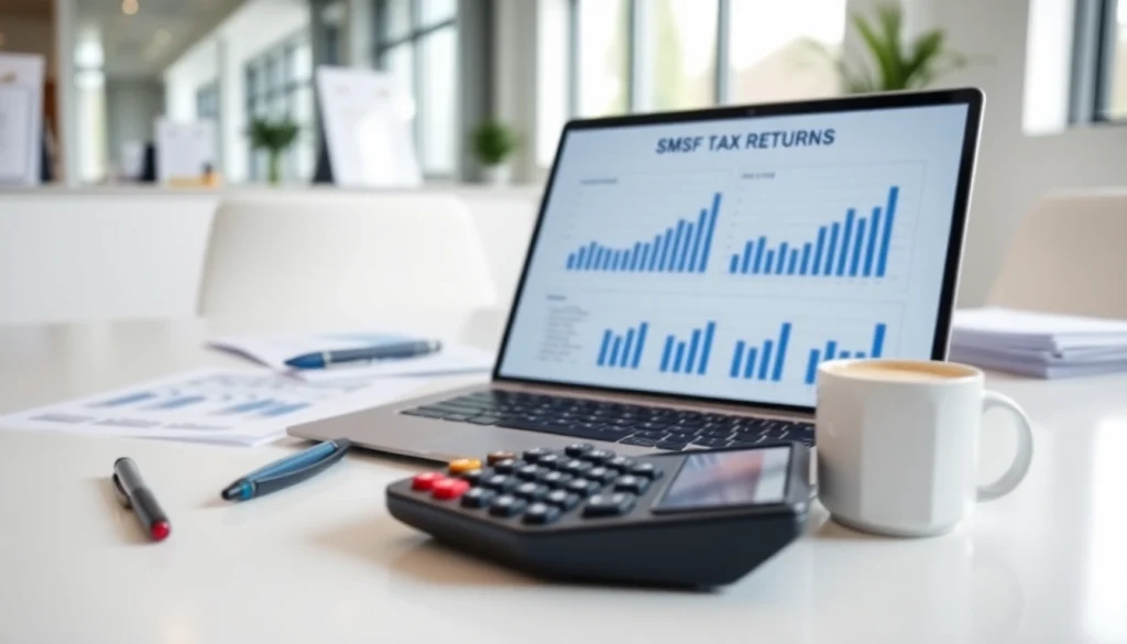 Professional setting for SMSF tax return consultation with financial reports and modern office elements.