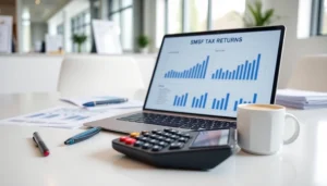 Professional setting for SMSF tax return consultation with financial reports and modern office elements.