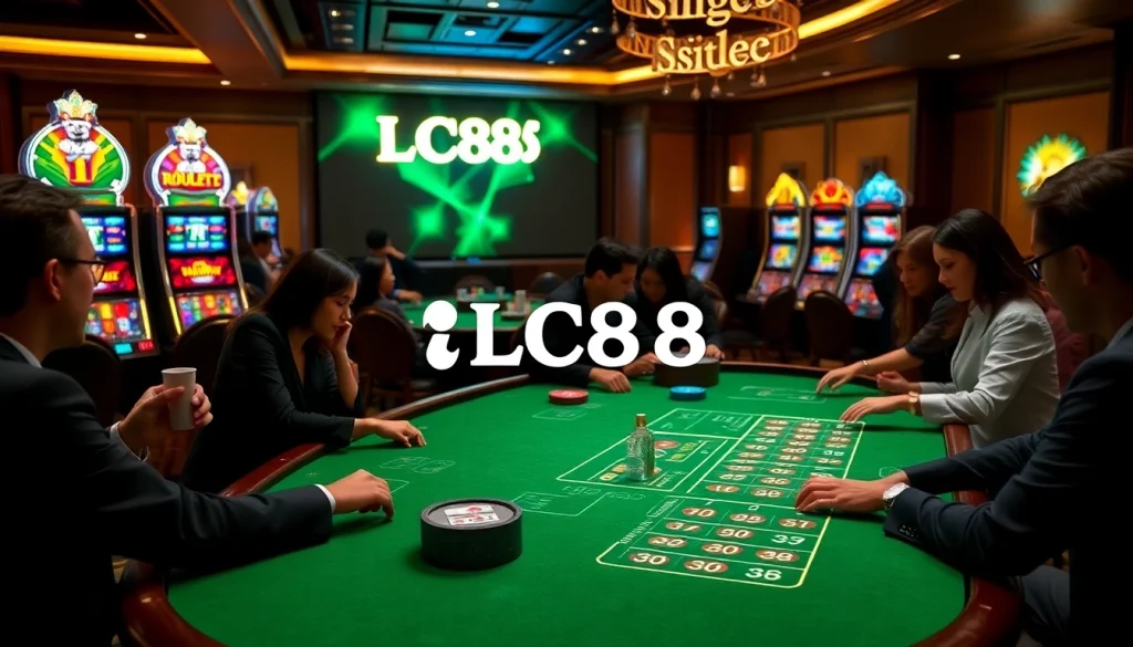 Engage in exhilarating gameplay with LC88 at this vibrant casino scene featuring poker, roulette, and slot machines.