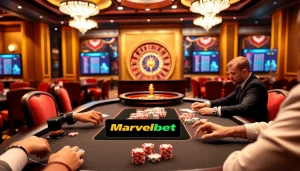 Players enjoying an exciting Marvelbet poker game at a luxury casino table.