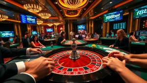 Experience the excitement of f8bet with players at a luxurious roulette table in a vibrant casino.