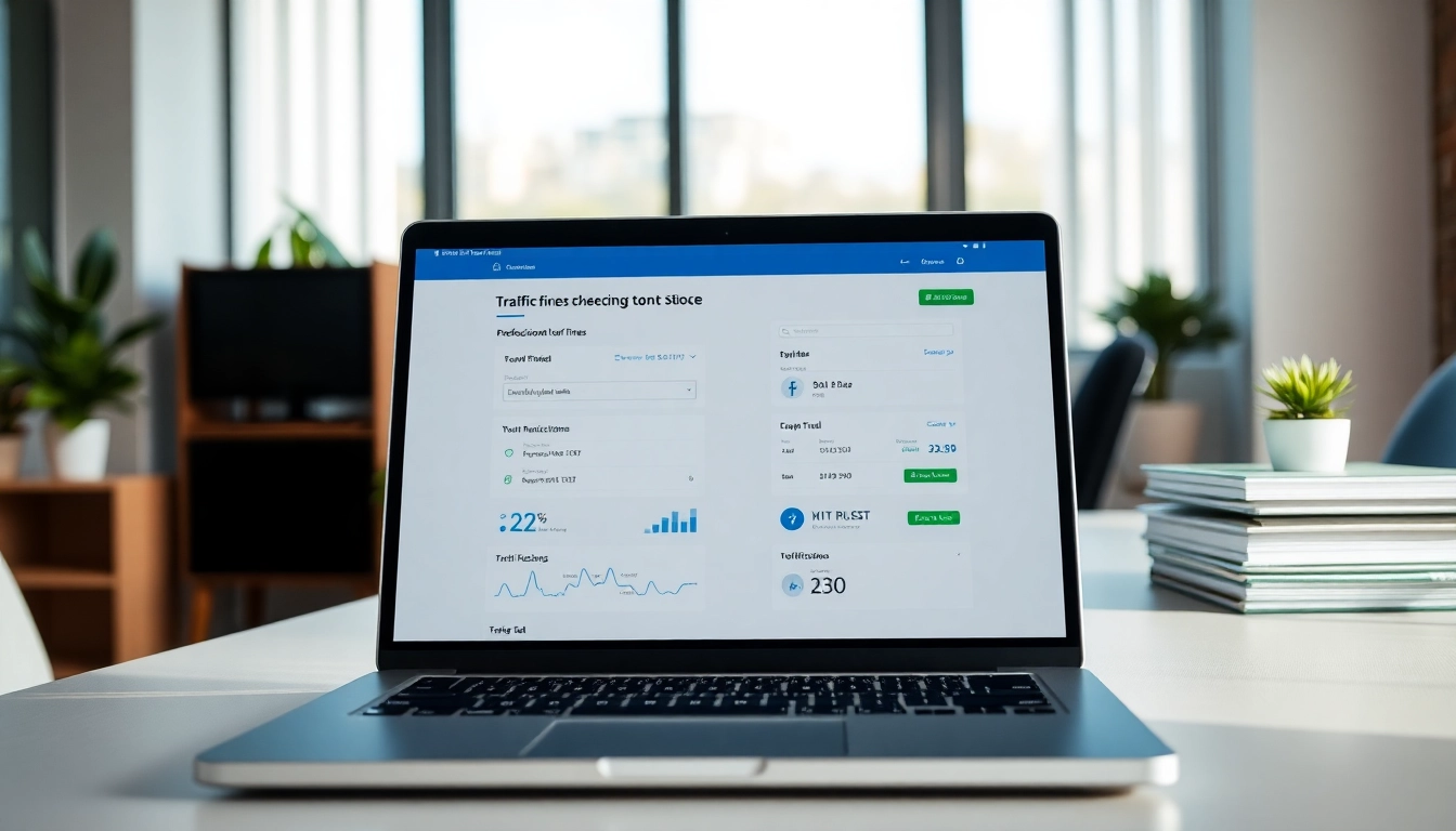 Check Cyprus traffic fines seamlessly using https://finecheck.cy on a laptop amid a professional workspace.