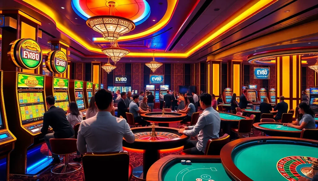 Experience the luxury of EV88 with vibrant slot machines and exciting table games in a high-end casino setting.