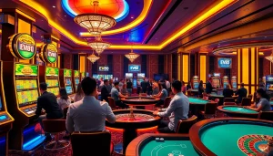 Experience the luxury of EV88 with vibrant slot machines and exciting table games in a high-end casino setting.