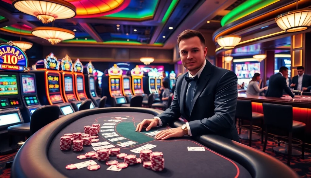 Intense gameplay at nhà cái 789p featuring a dealer at a poker table in a glamorous casino ambiance.