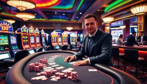 Intense gameplay at nhà cái 789p featuring a dealer at a poker table in a glamorous casino ambiance.