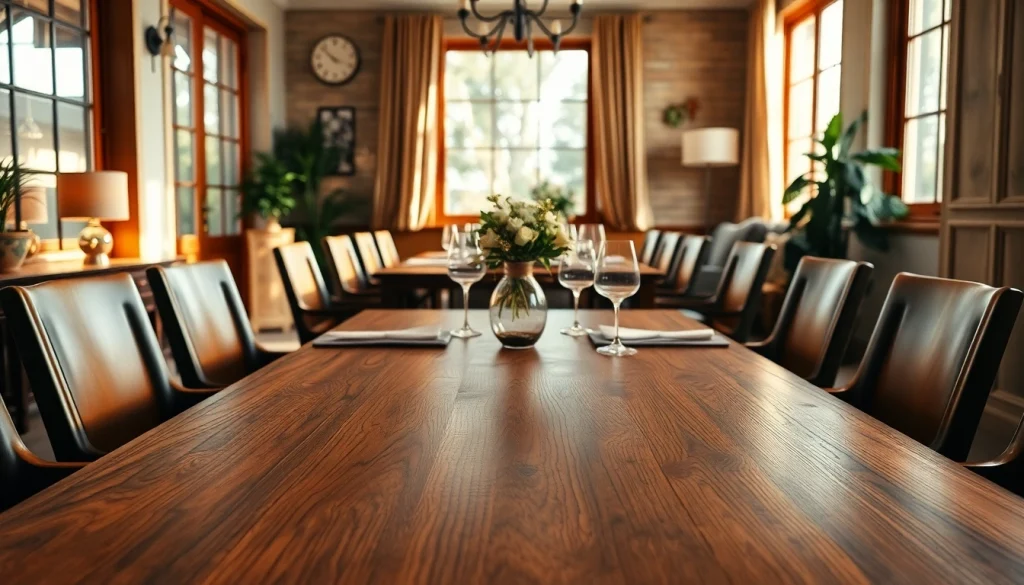 Elegant solid wood tables in a cozy dining room with natural light and warm decor