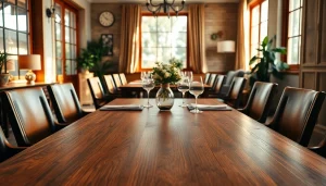 Elegant solid wood tables in a cozy dining room with natural light and warm decor