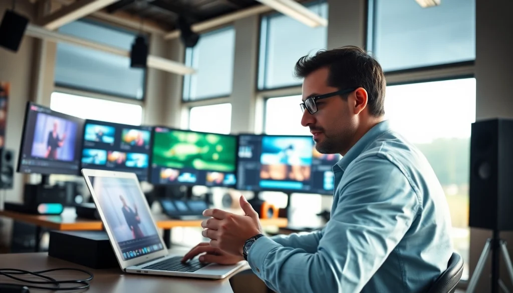 Engaging video editing services showcased in a modern studio with an editor at work.