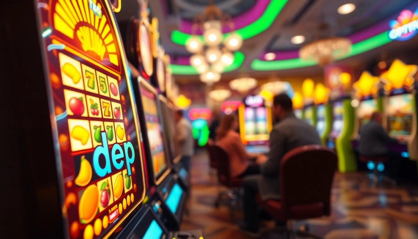 Permainan slot depo 5k yang menarik dengan suasana kasino yang hidup dan mesin slot berkilau.