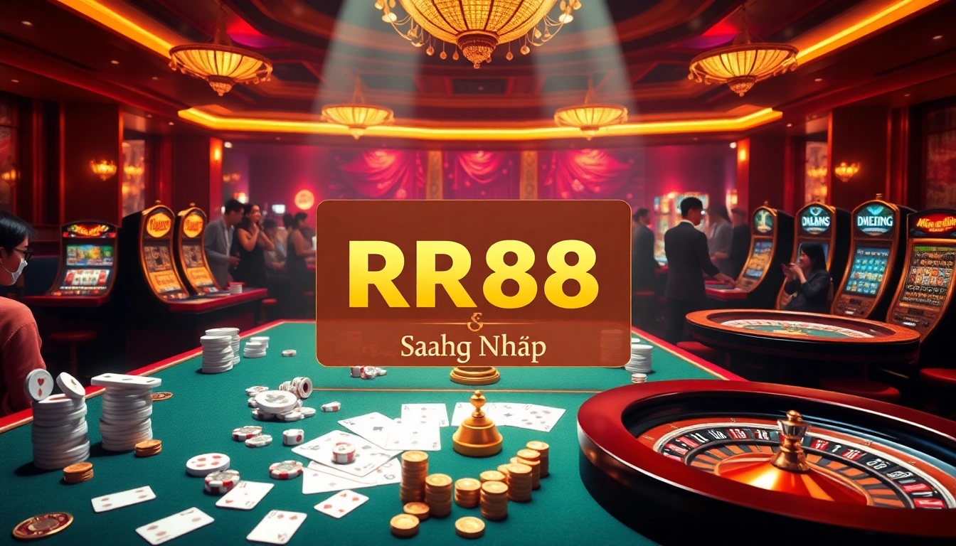 RR88 Đăng Nhập showcasing excitement at a luxurious casino table filled with chips and cards