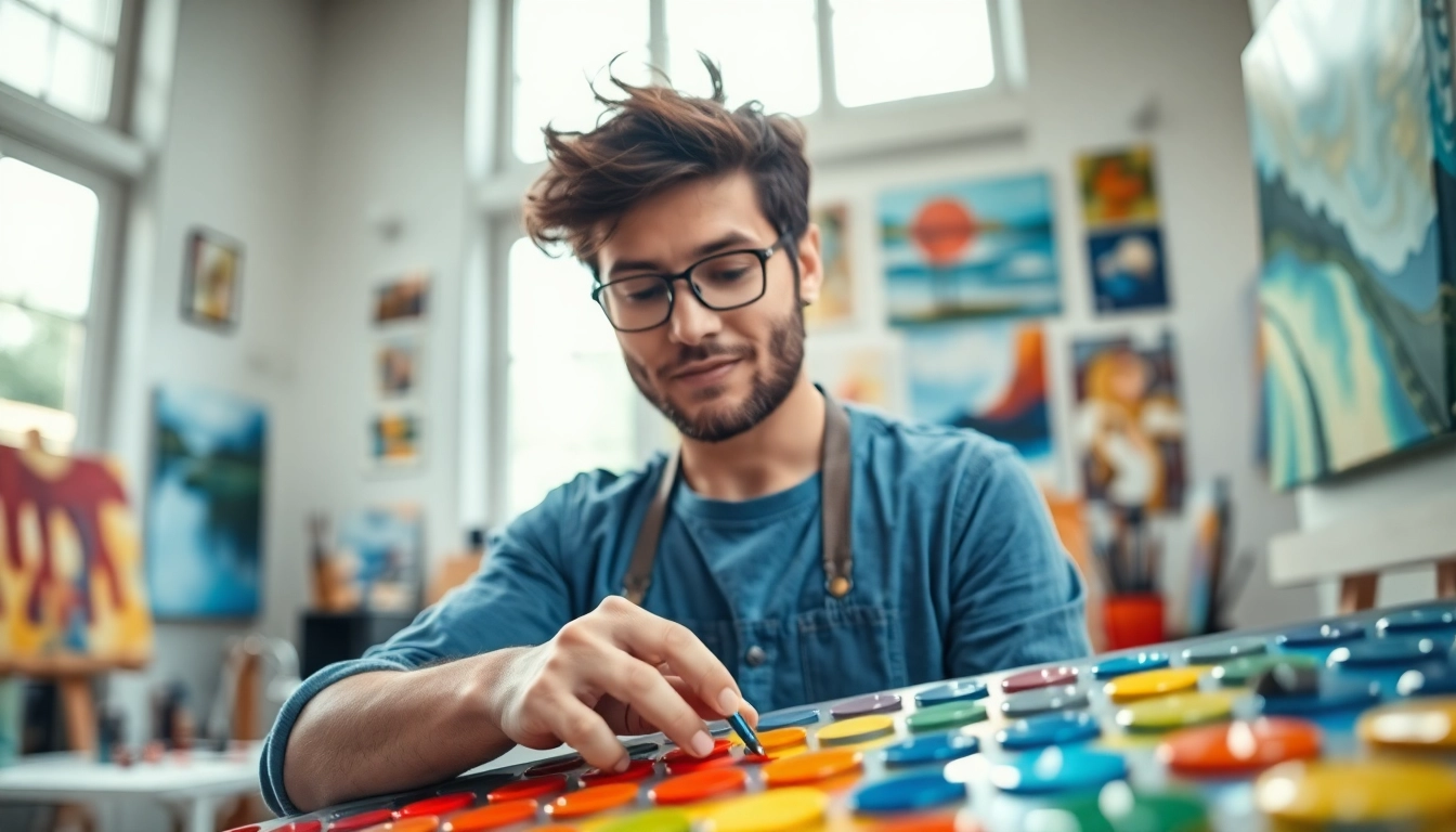 Creating vibrant acrylic artworks at https://acrylicpedia.com with colorful palettes and brushes.