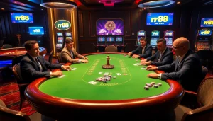 Players enjoying a high-stakes poker game at rr88 casino with luxurious ambiance.