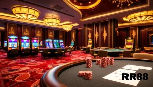 RR88 casino scene showcasing excitement with vibrant slot machines and elegant poker tables.