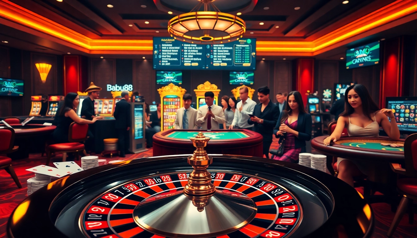 Experience thrilling gameplay at Babu88, featuring poker chips and a vibrant roulette wheel.