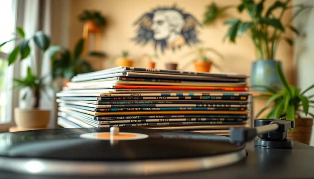 Discover vibrant lp records showcasing album art in a warm and inviting setting.